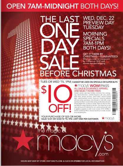 Macys: $10 off $25 Printable Coupon, valid 12/21-12/22 | Saving Money on Things You Buy Everyday